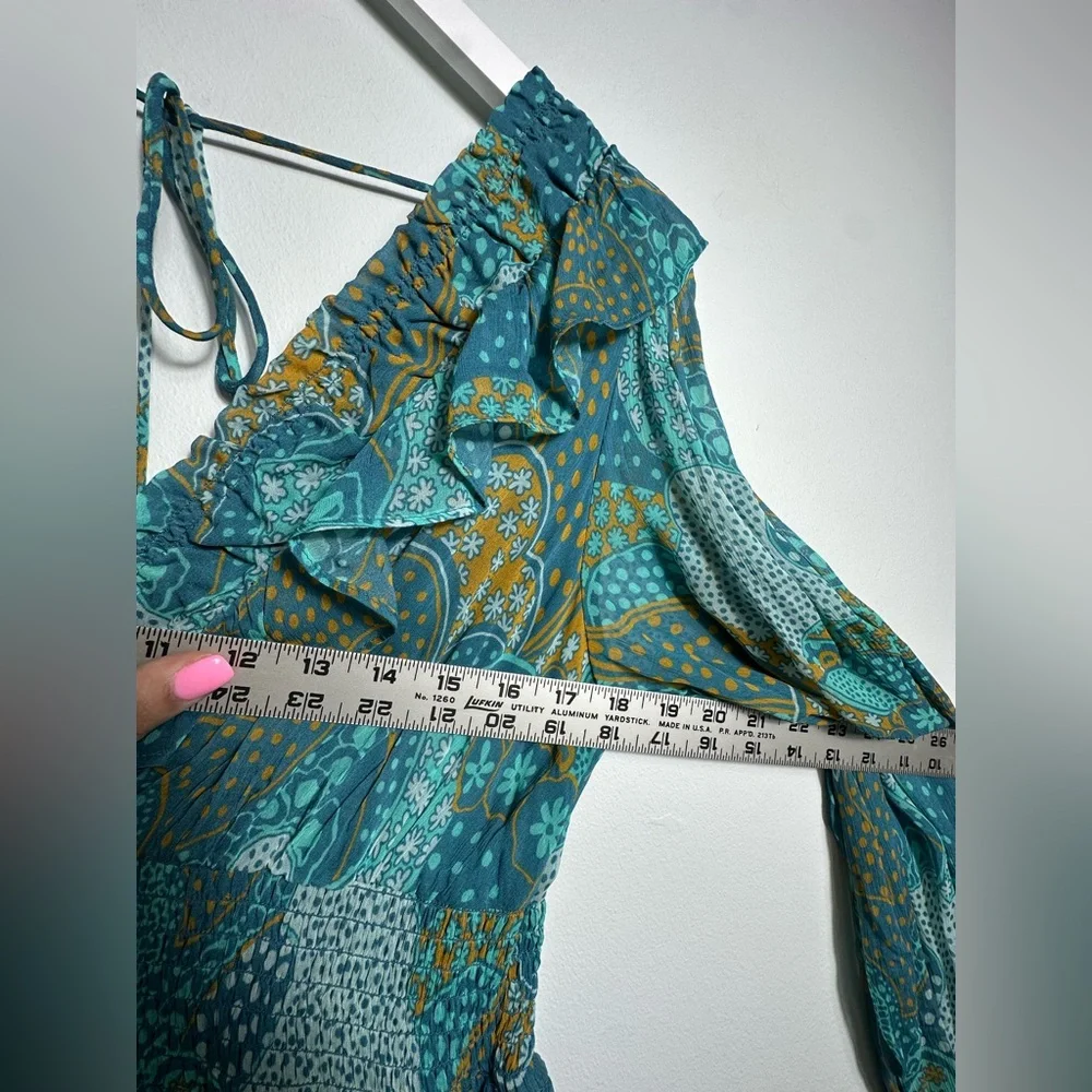 NEW Anthropologie The Odetta Ruffled V-Neck‎ Maxi LS flowy Dress Teal Size  M - Picture 14 of 17